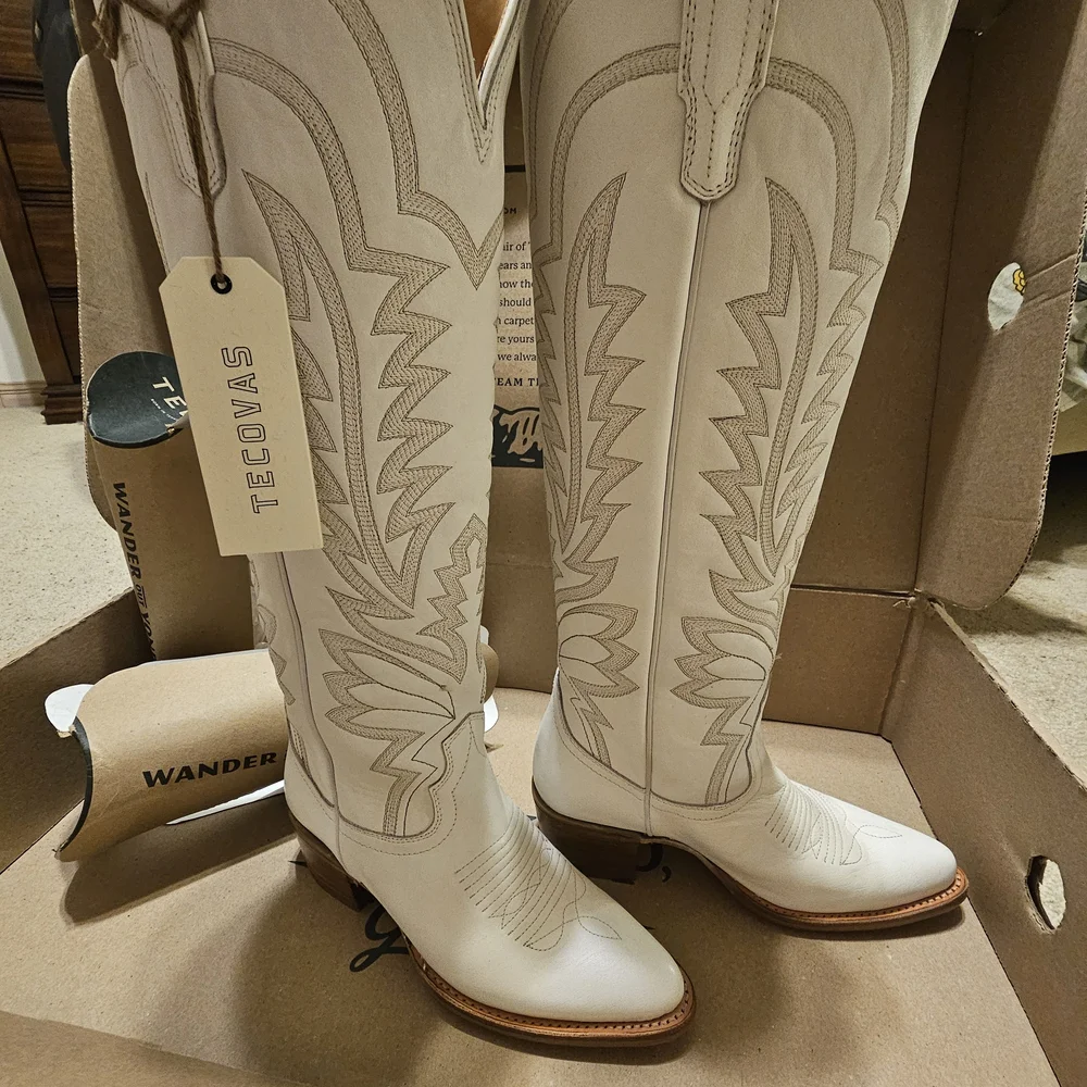 Tecovas White Embroidered Knee-High Leather Cowboy Boots - Picture 6 of 11